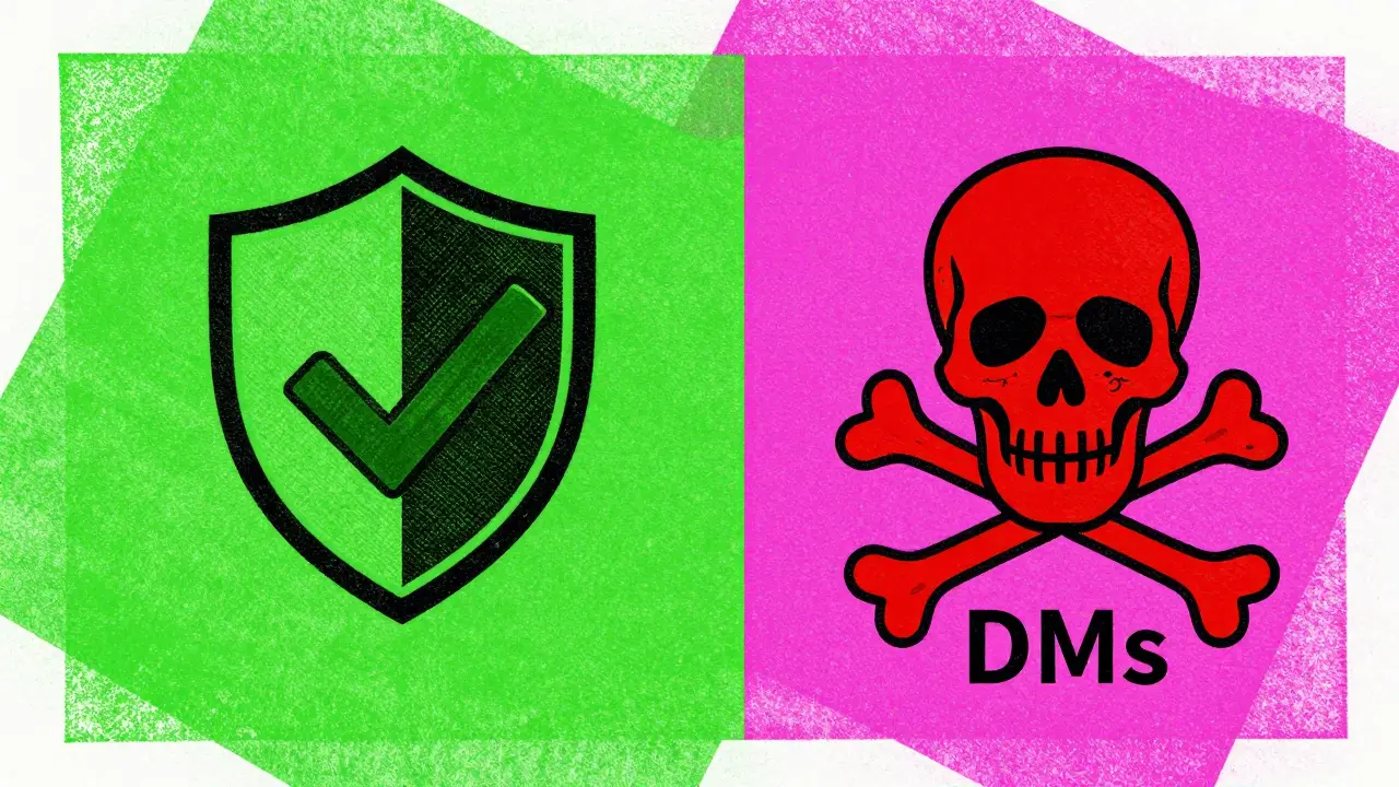 Split illustration showing secure crypto shields vs dangerous scam symbols