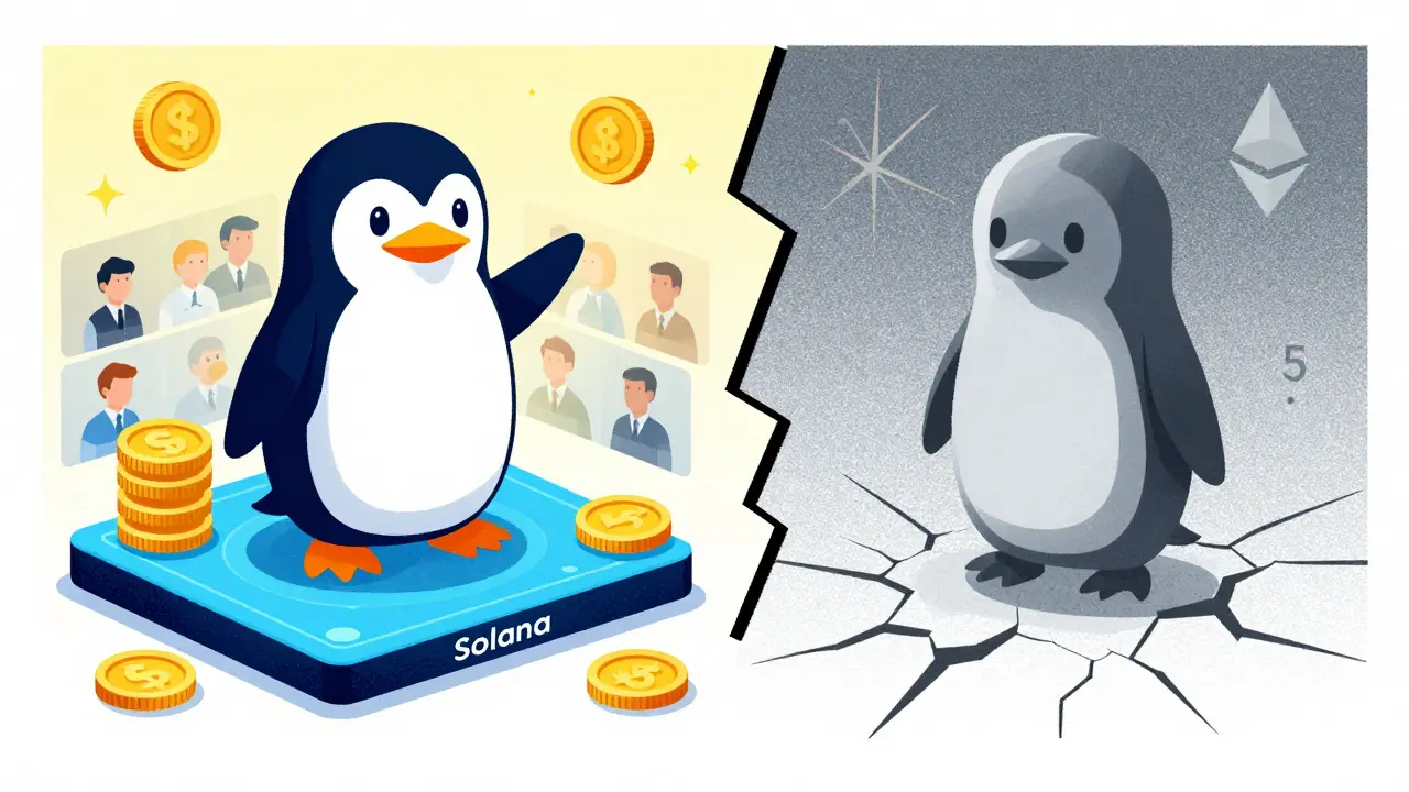 Split view comparing legitimate Pudgy Penguins vs worthless copycat token.