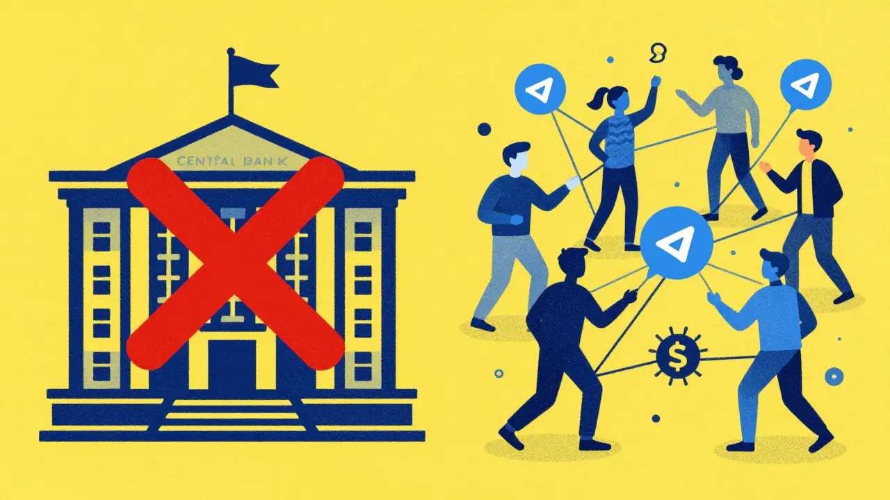 Split view of bank ban versus underground P2P crypto trading networks in Risograph art.