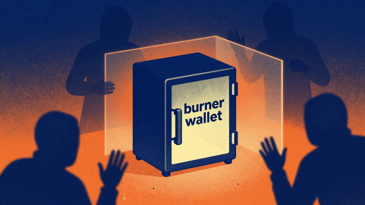 Stylized burner wallet protected from shadowy hacker figures