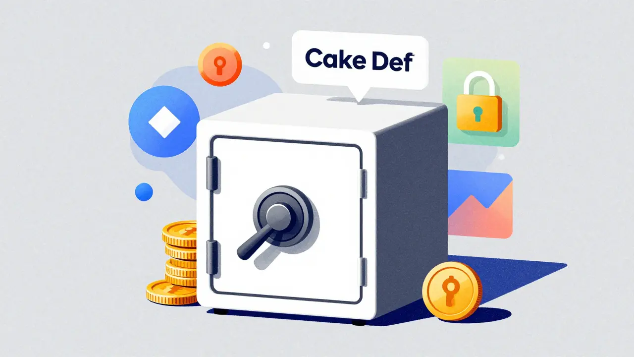 Stylized risograph art of a secure vault with staking and lending icons