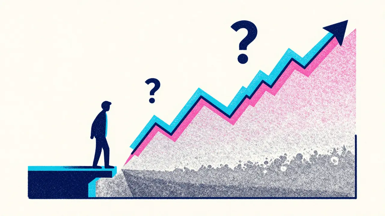 Stylized Risograph graphic of a volatile price chart and a figure facing financial risk