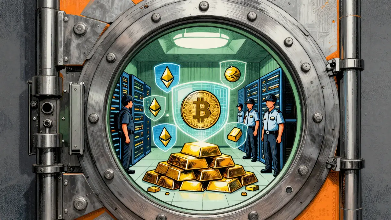 Stylized vault securing cryptocurrency assets with holographic shields