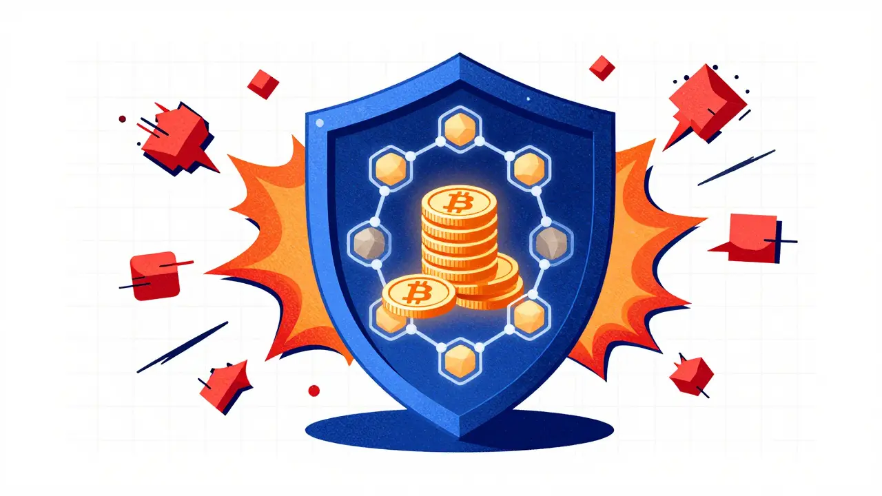 A digital shield protecting crypto coins from glitchy red attack shapes.