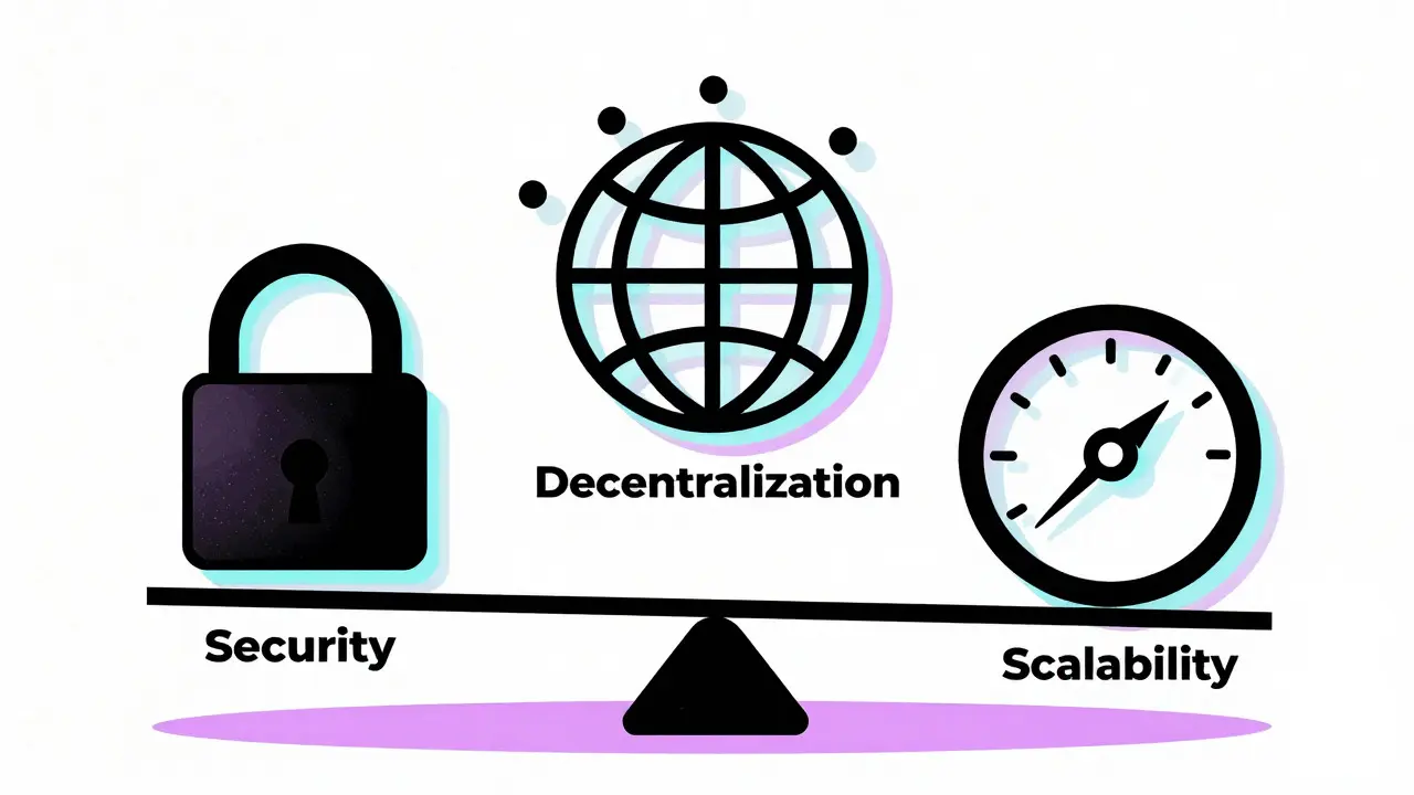 A triangular balance of security, decentralization, and scalability icons.