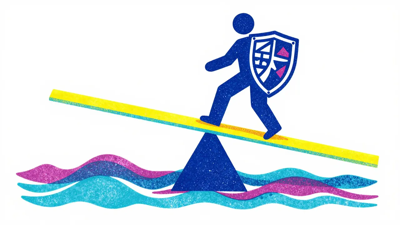 Abstract Risograph illustration of a figure balancing on a narrow beam over volatile waves
