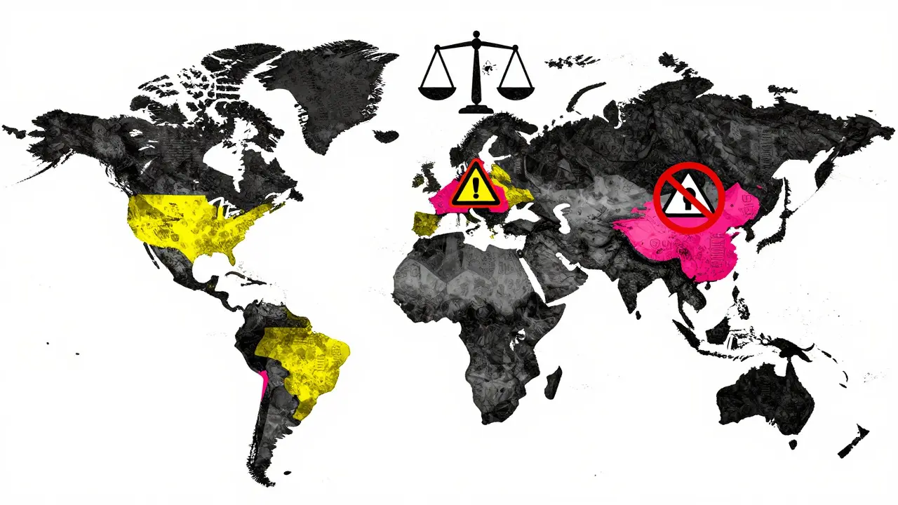 Abstract world map with symbols indicating varying legal risks for real estate NFTs globally.