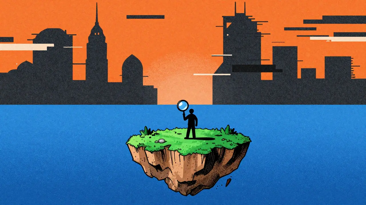 Artistic depiction of low liquidity in crypto markets with a tiny island and distant exchanges.