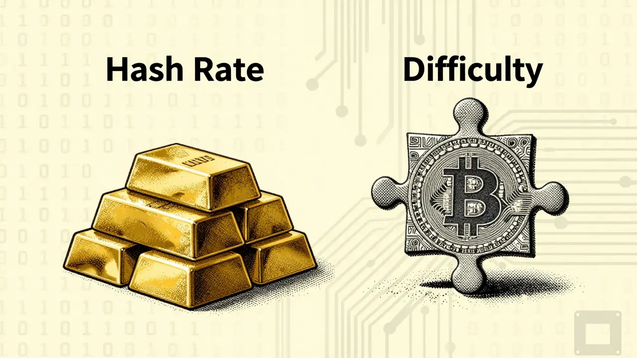 Balanced scale illustrating hash rate vs mining difficulty