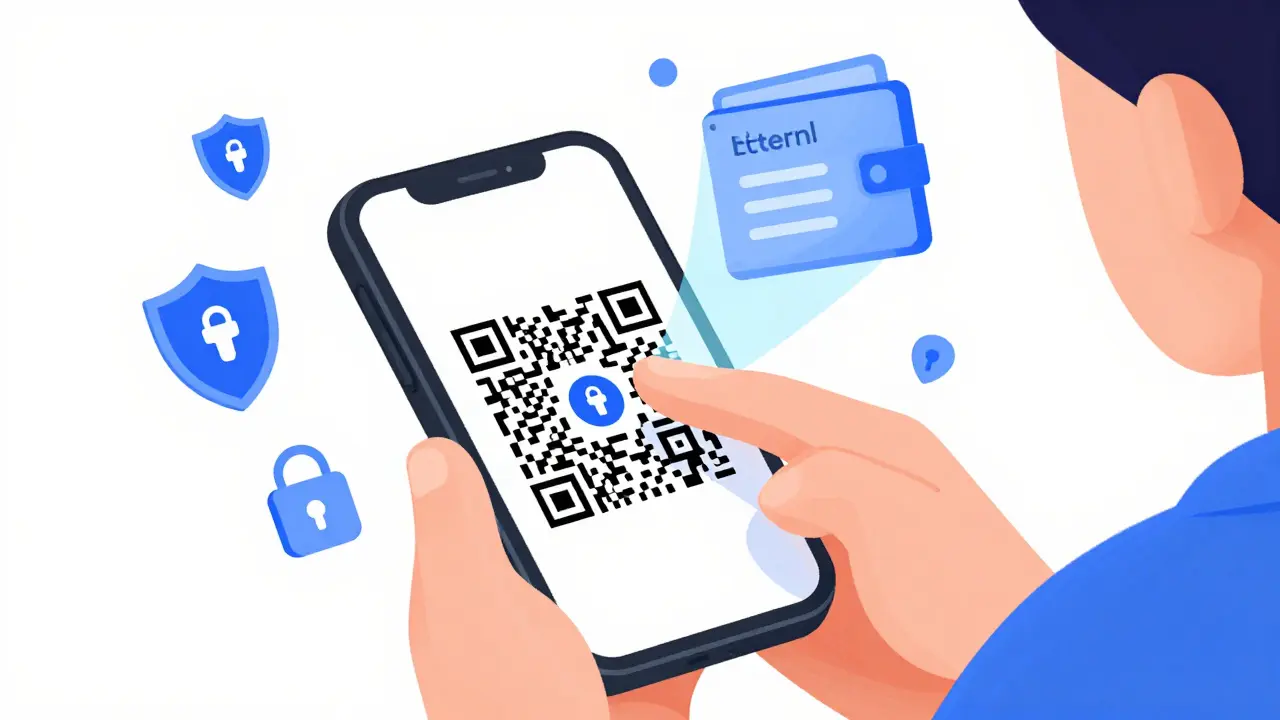 Cartoon of mobile crypto wallet connection via QR code