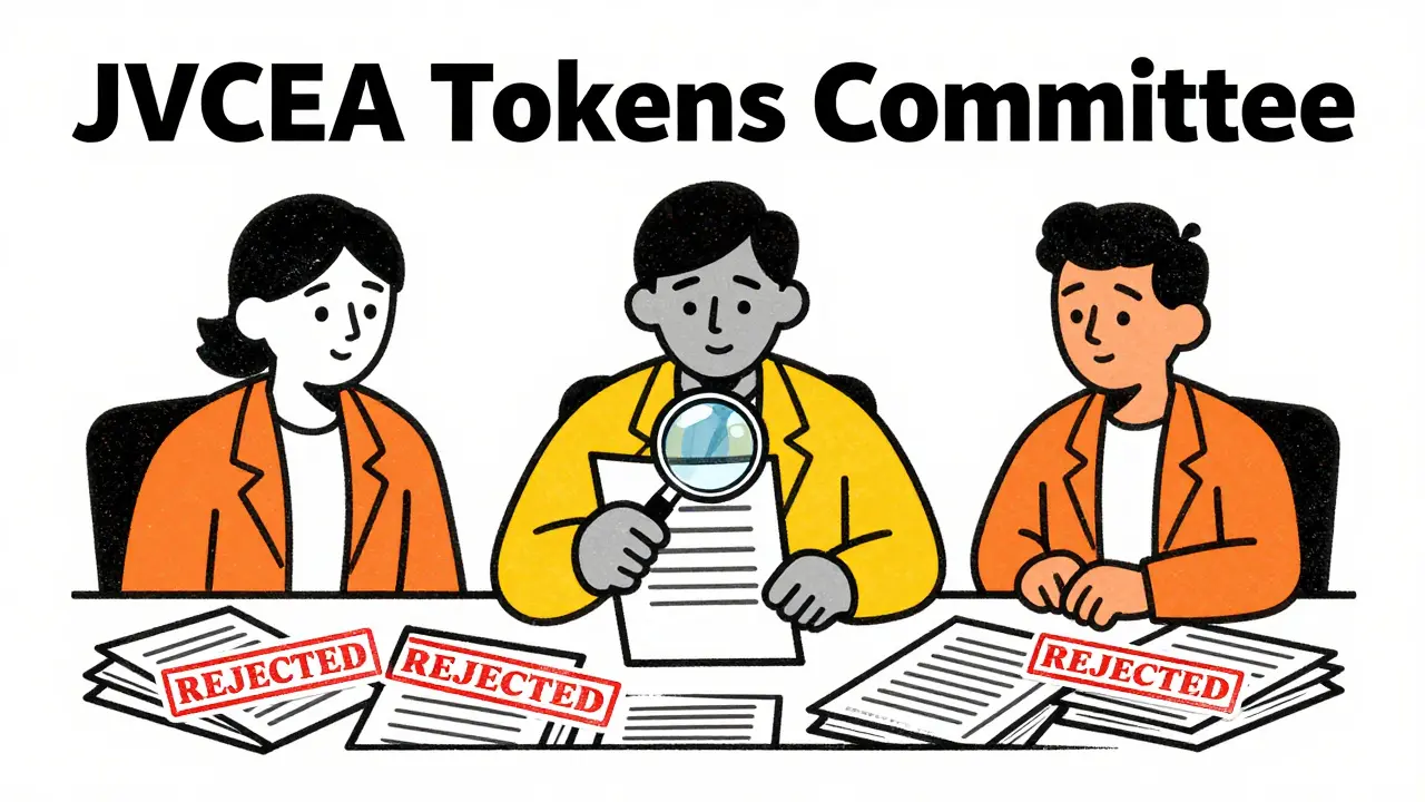 Cartoon panel of JVCEA committee members reviewing rejected token applications in Risograph style