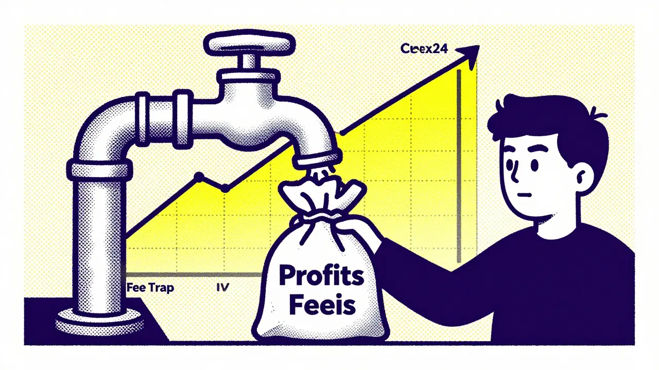 Cartoon showing profits draining away through high withdrawal fee faucets.
