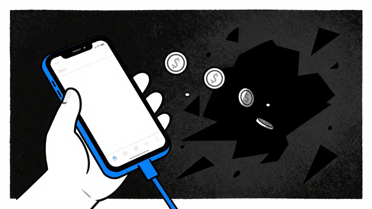 Cartoon style image of digital coins draining from a phone into a dark void