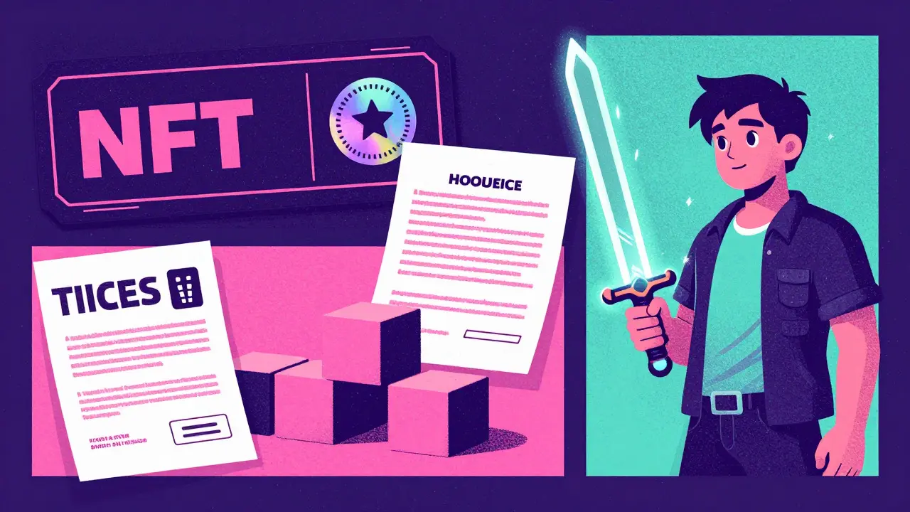 Collage of NFT use cases: digital tickets, property deeds, and gaming items in Risograph style.