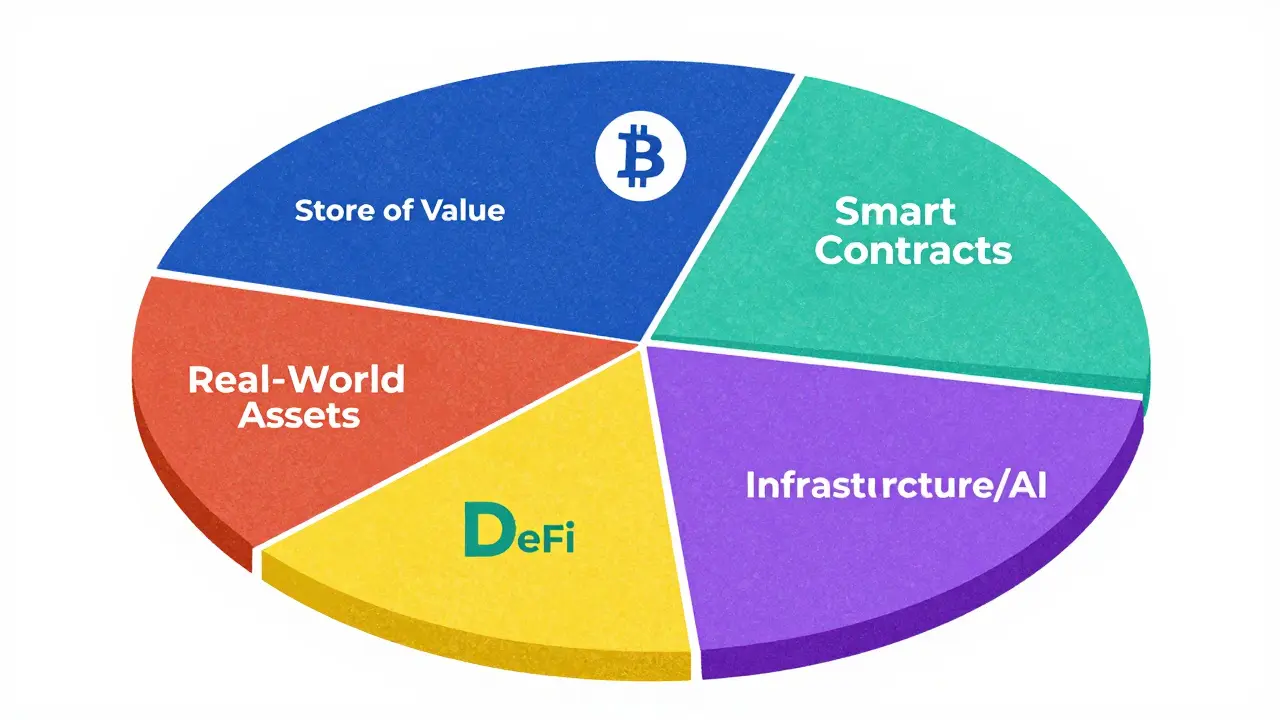 Colorful risograph chart showing pie slices for different crypto sectors like DeFi, RWA, and AI infrastructure.