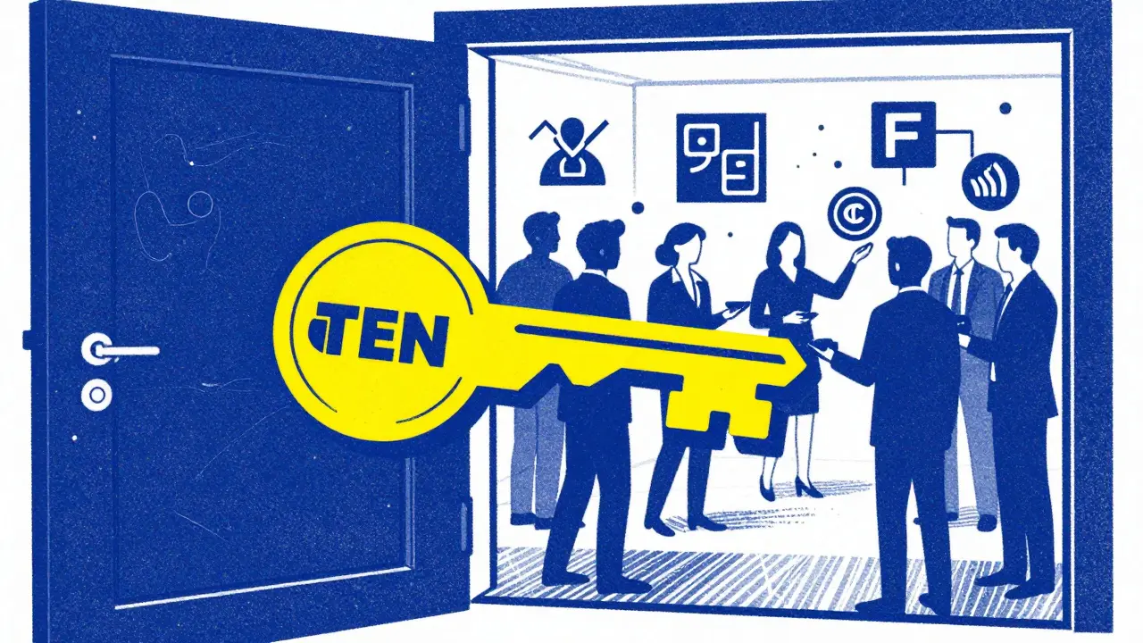 Conceptual art showing a token key unlocking fee discounts and crowdfunding opportunities.