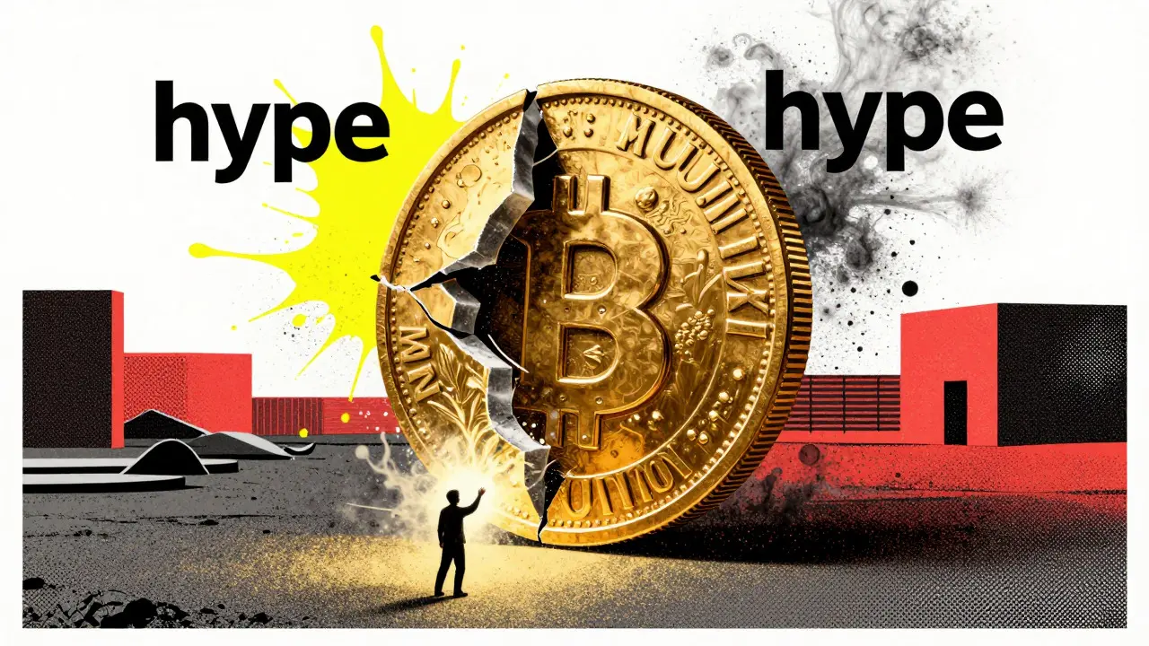 Cracking hollow MUZKI coin revealing emptiness as hype fades into dust, Risograph illustration.