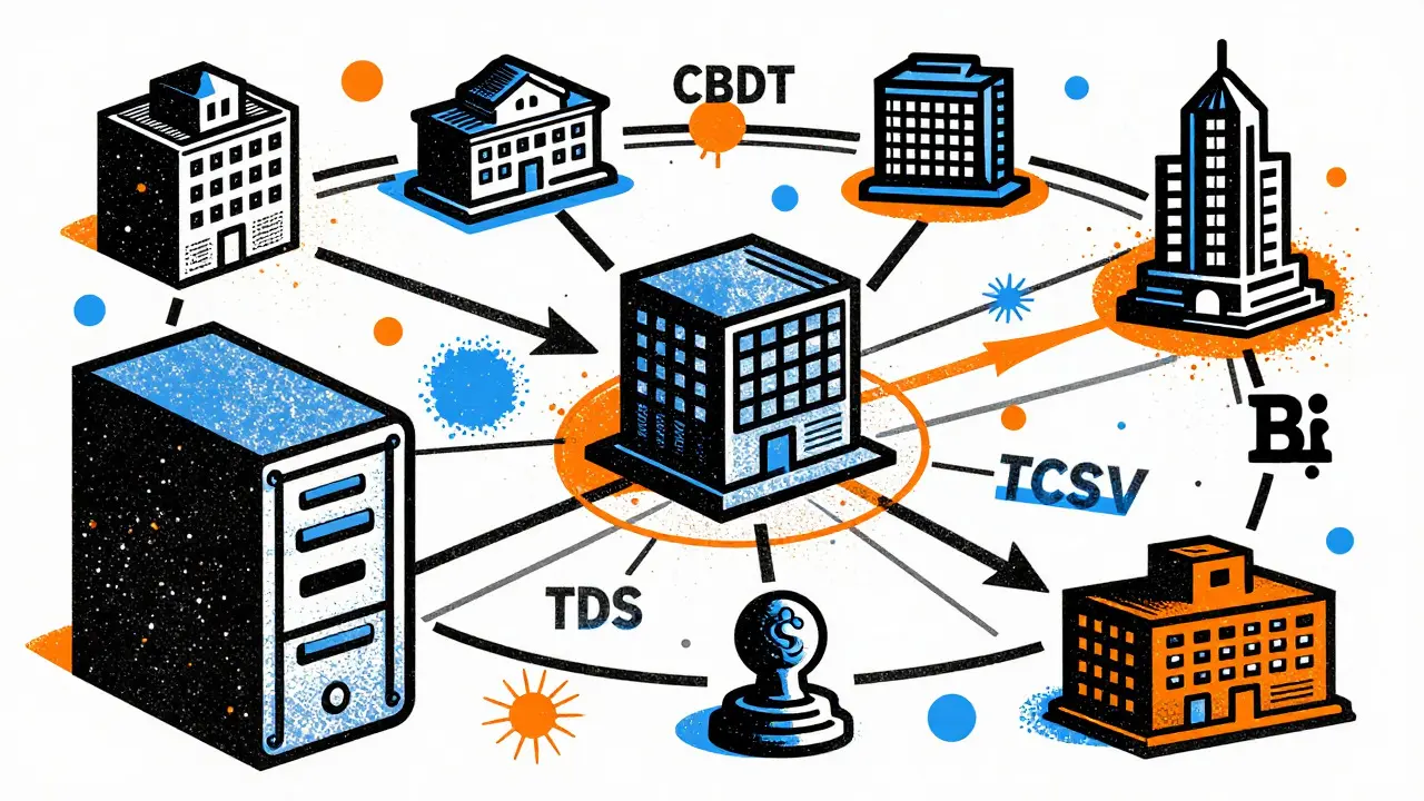 Data web connecting exchanges to tax authorities in Risograph art