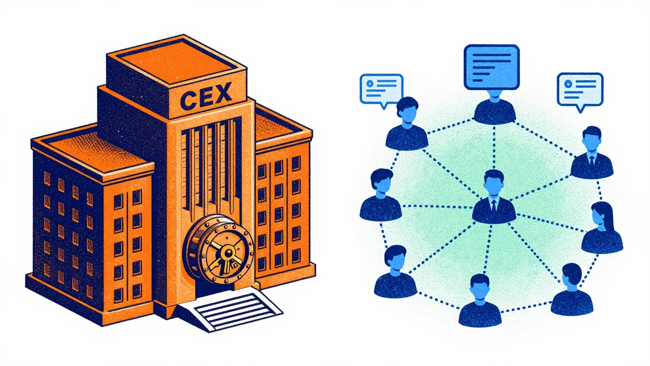 Graphic comparison of centralized vaults versus decentralized peer-to-peer networks.