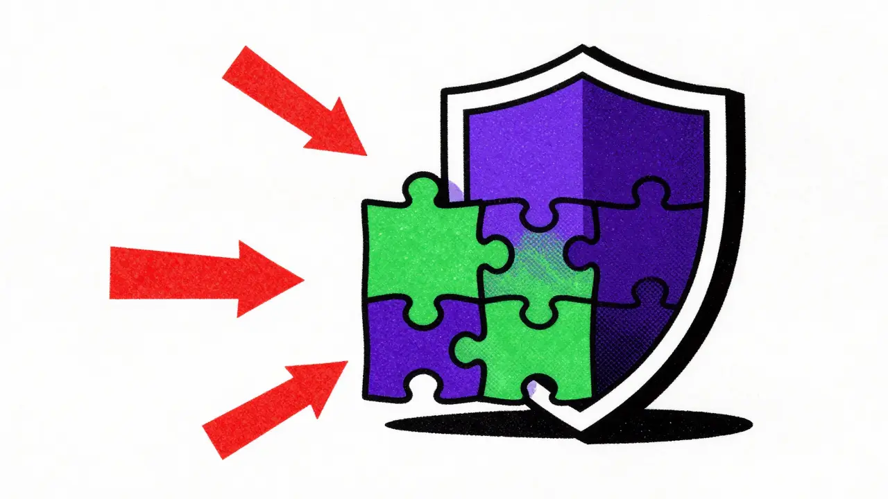 Graphic design of a shield protecting a crypto wallet from scams