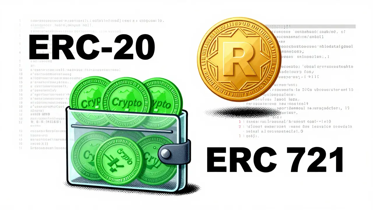 Graphic design showing divisible crypto coins versus a unique, indivisible NFT token.