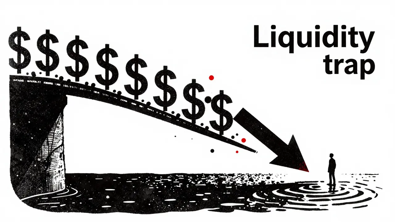 Graphic showing market crash and low liquidity risks in Risograph aesthetic