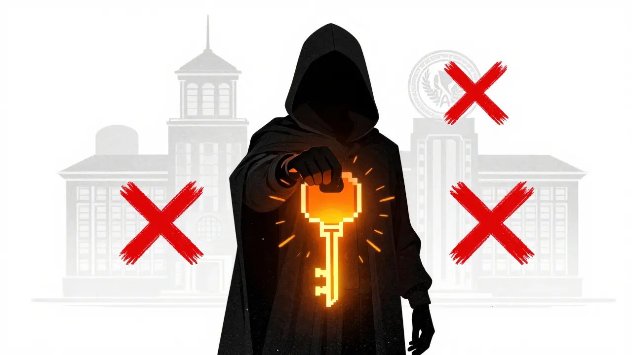 Hooded figure holding digital key representing anonymous DeFi