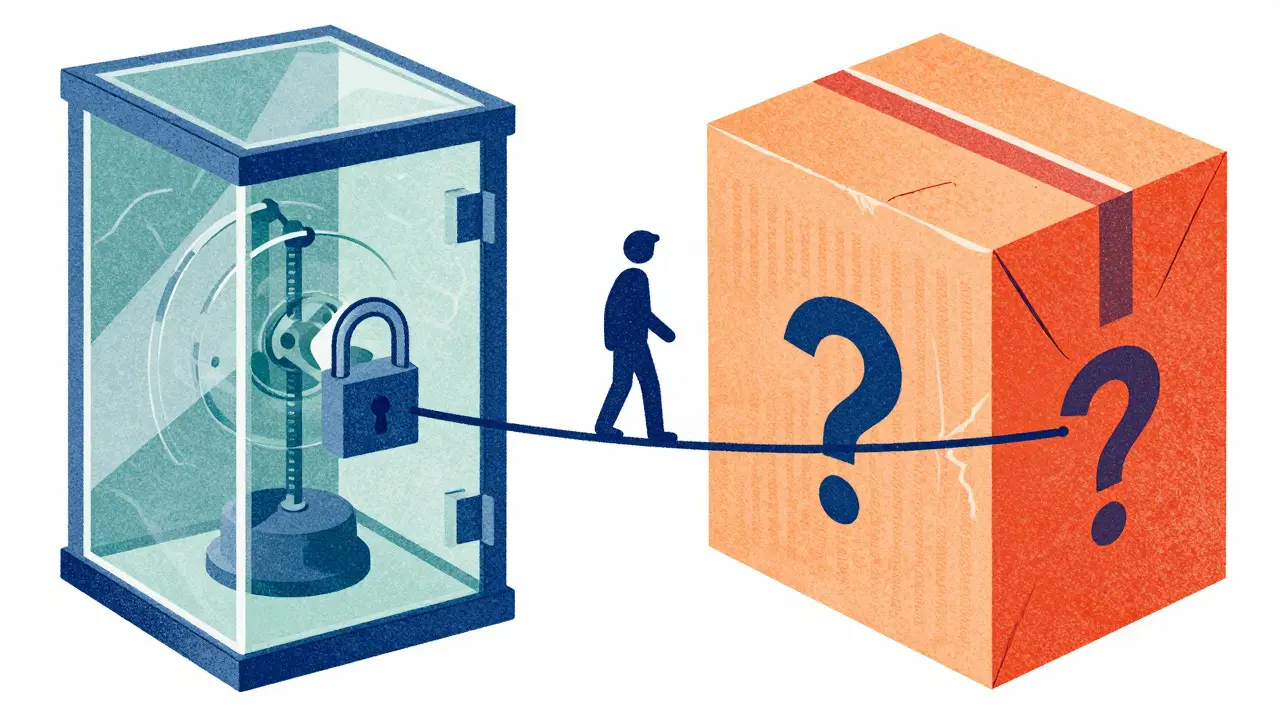 Illustration comparing a secure vault to a broken box for crypto trading safety