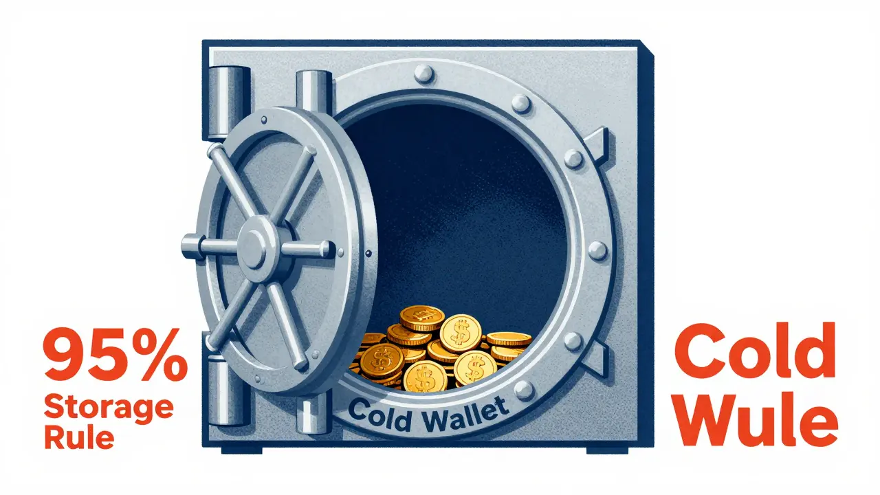 Illustration of a large cold storage vault with a small hot wallet opening, using Risograph dot patterns