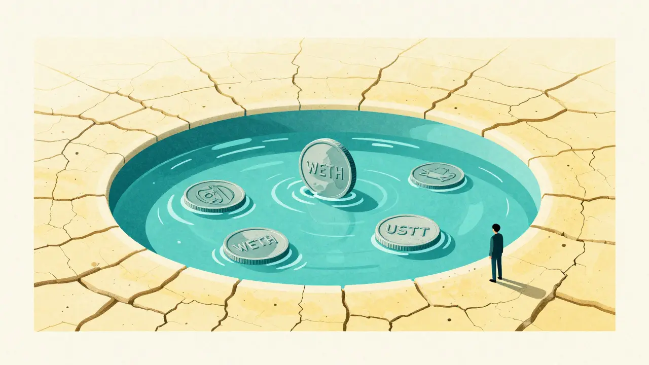 Illustration of shallow pool with few coins symbolizing low liquidity