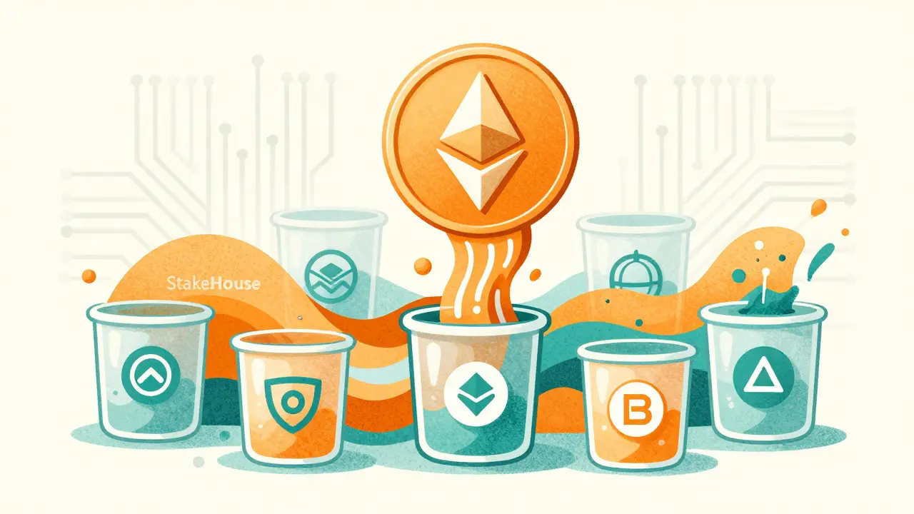 Illustration showing Ethereum turning into liquid staking tokens
