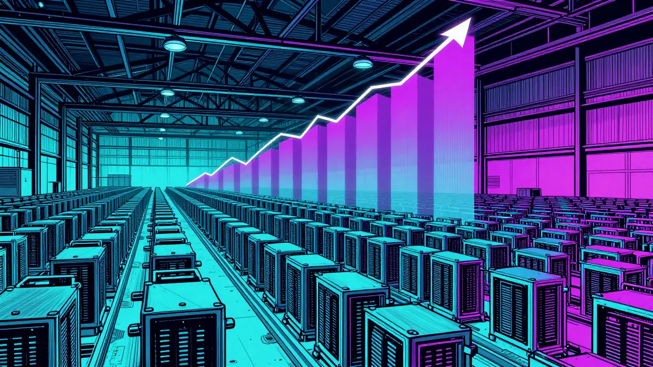 Industrial warehouse full of ASIC miners showing scale