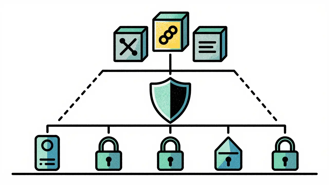 Layered diagram of IoT to blockchain data flow in Risograph illustration