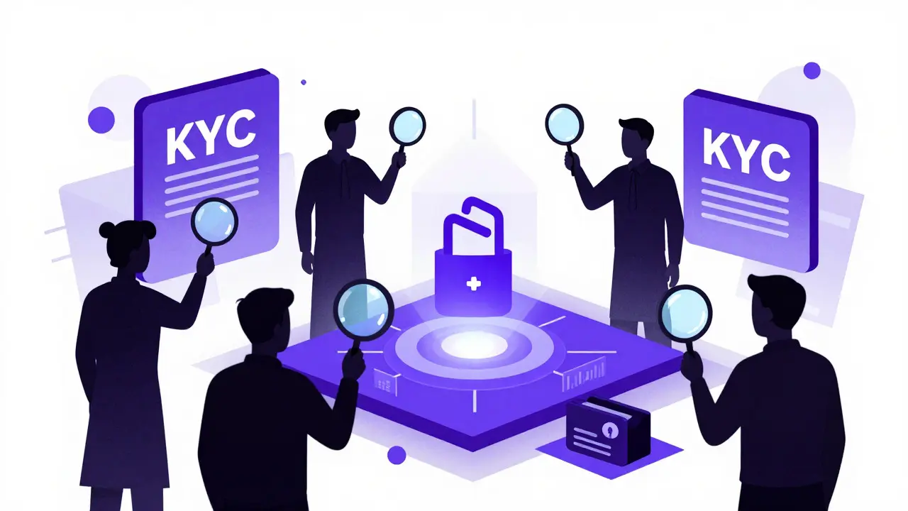 Regulatory officials inspecting blockchain nodes in Risograph style