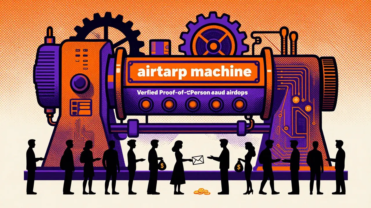 Retro machine distributing airdrops to verified users in Risograph art style