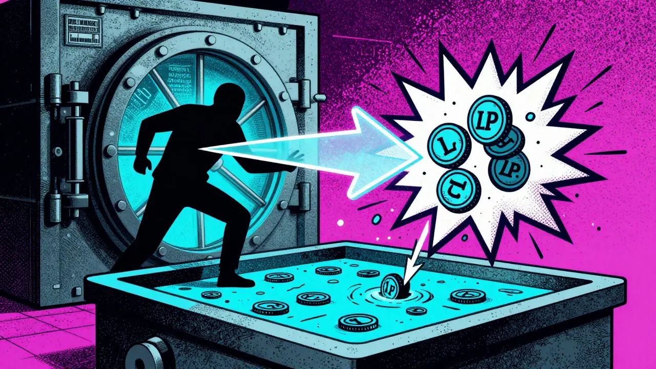 Risograph art depicting a digital hack draining assets from a crypto vault
