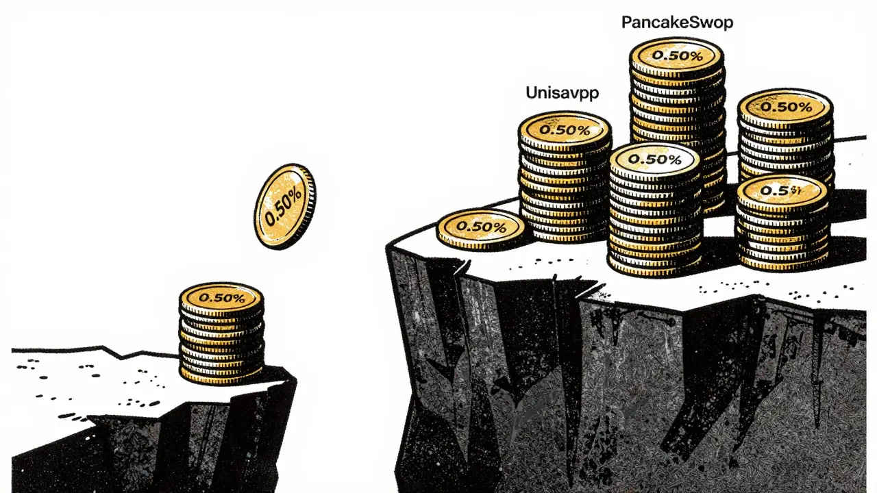 Risograph art showing coins falling off a cliff, symbolizing high trading fees.