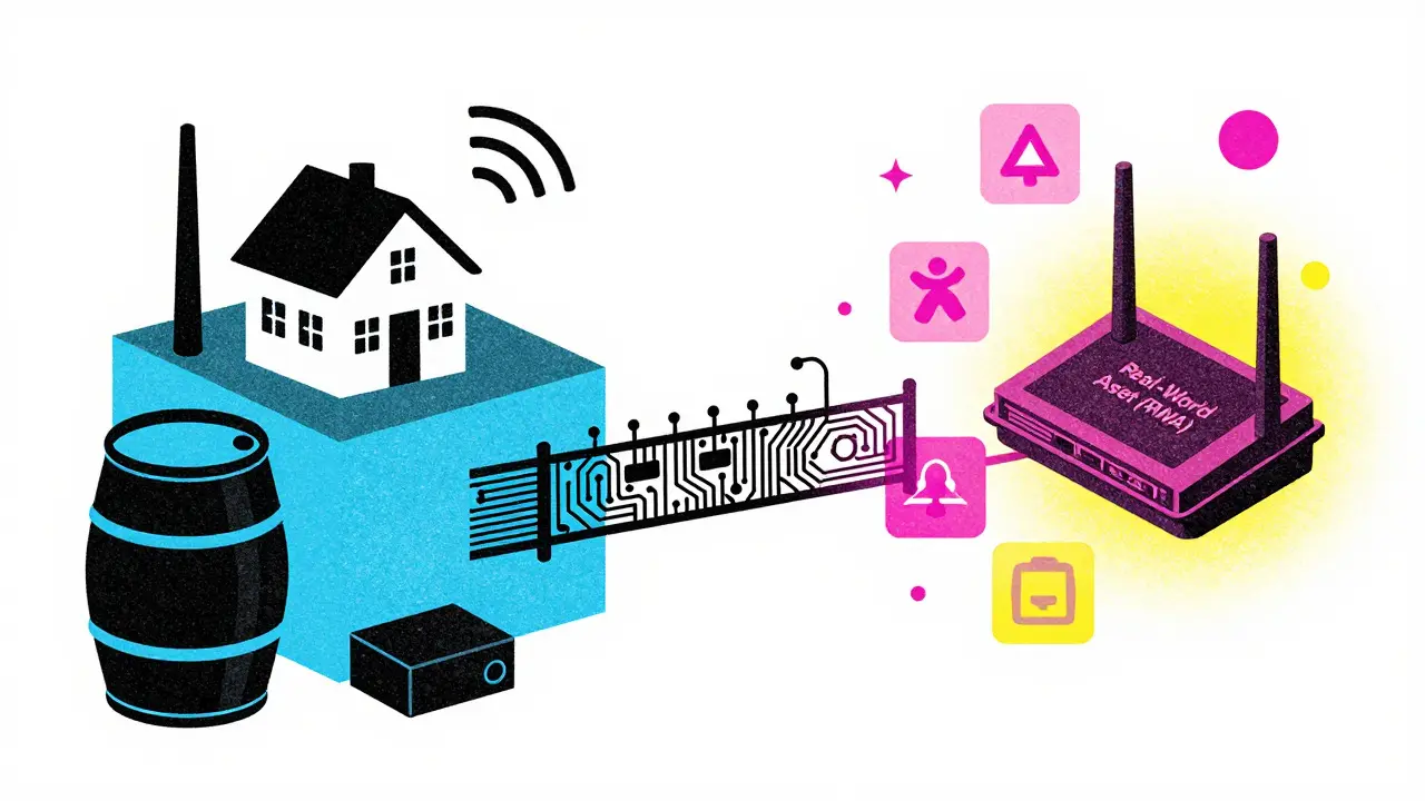 Risograph art showing physical assets transforming into digital tokens via a circuit bridge.