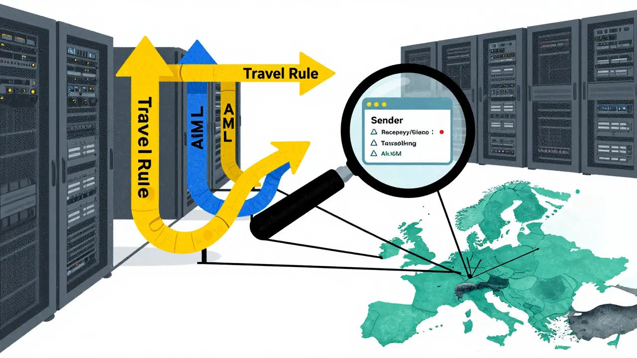 Risograph depiction of Travel Rule compliance tech and EU passporting connections from Cyprus.