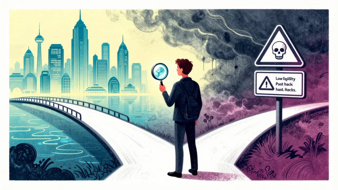 Risograph illustration of an investor weighing risks and rewards in DeFi