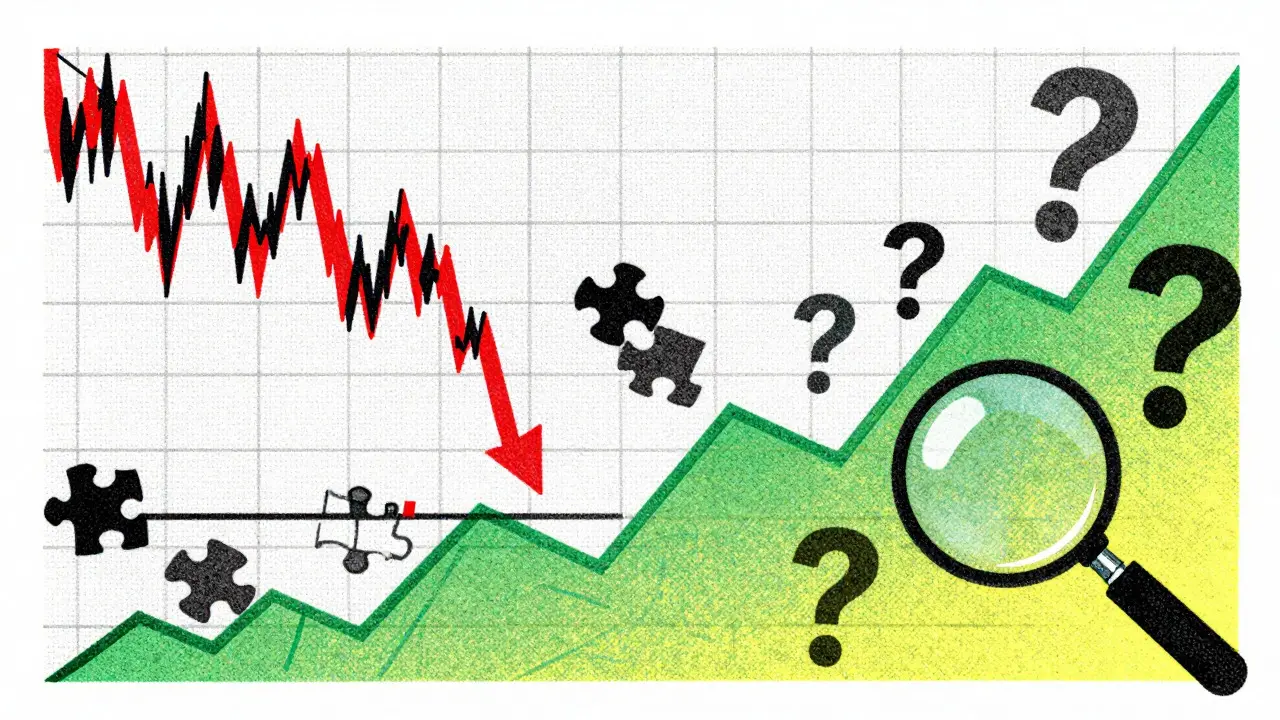 Risograph illustration of volatile graphs and magnifying glasses symbolizing crypto data risks.