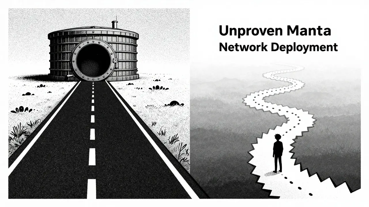 Risograph style drawing showing a choice between a safe path and a risky dotted trail