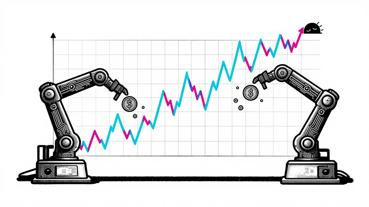Robotic arms executing grid trades on a stylized price chart.