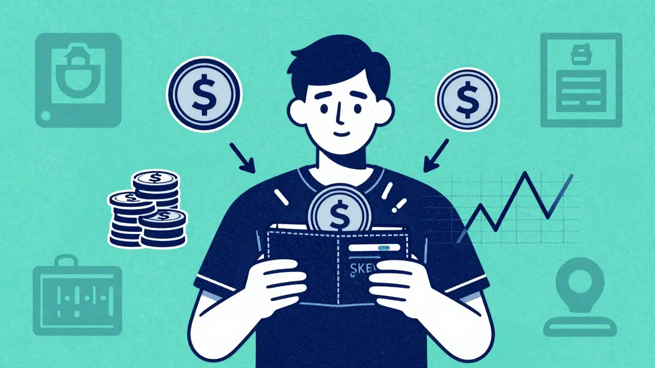 SKEY token utility and market risks depicted in Risograph art style