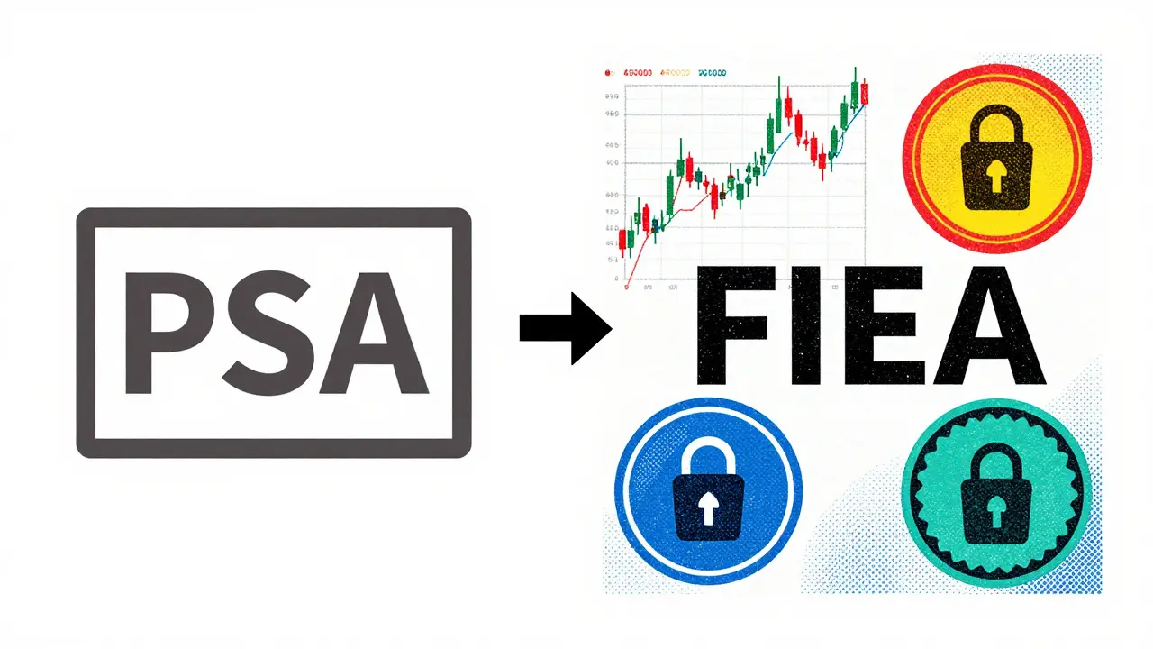 Split-screen risograph graphic comparing simple PSA payment icons with complex FIEA security charts
