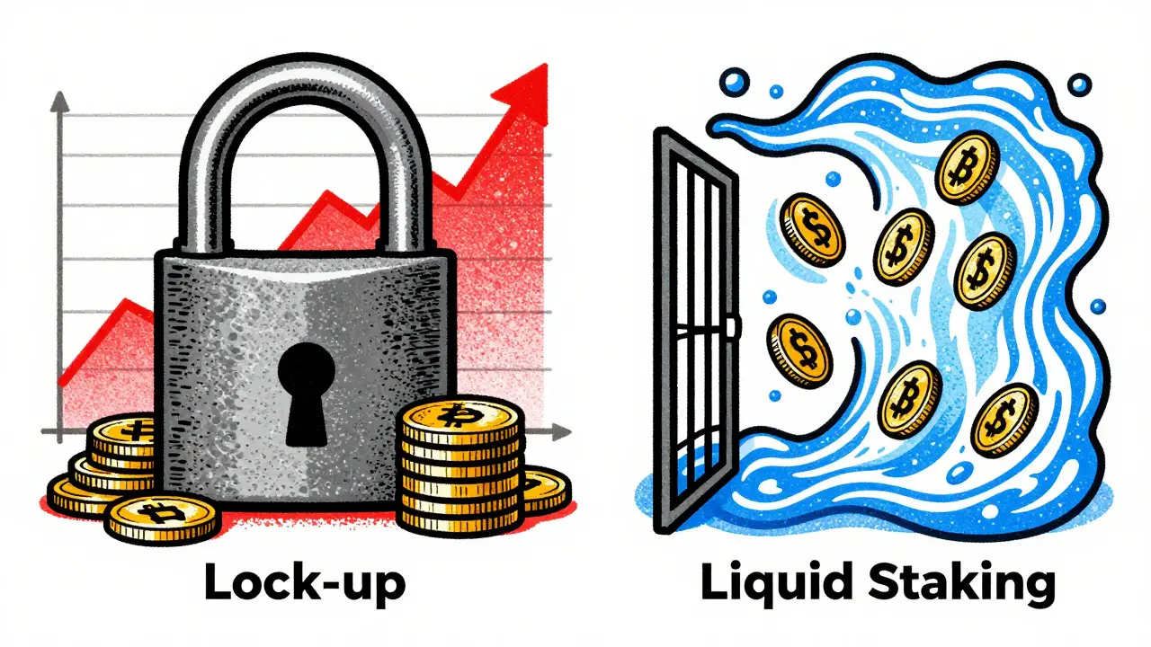 Split view of locked tokens vs liquid staking in Risograph style