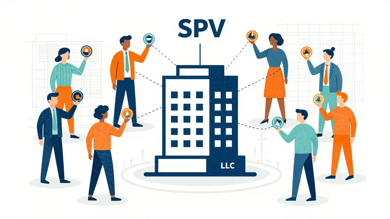 Stylized graphic showing investors holding tokens linked to a central company owning a building.