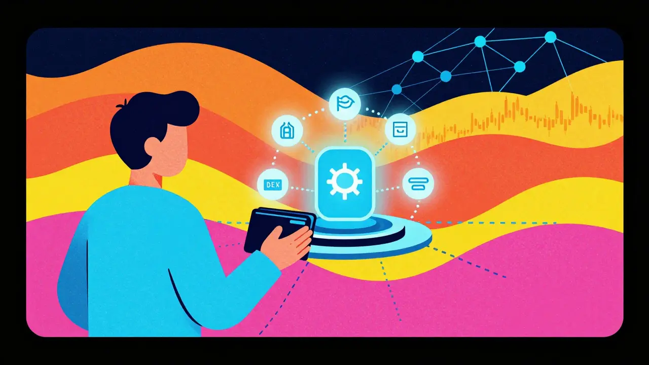 Stylized illustration of a user connecting a wallet to a DEX network