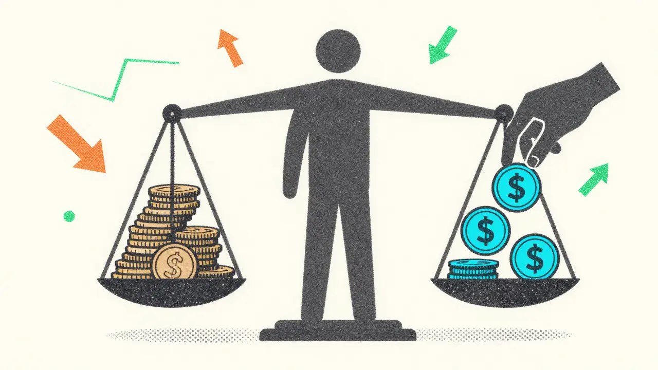 Stylized risograph art of an investor balancing a scale with coins and stablecoins to manage risk.