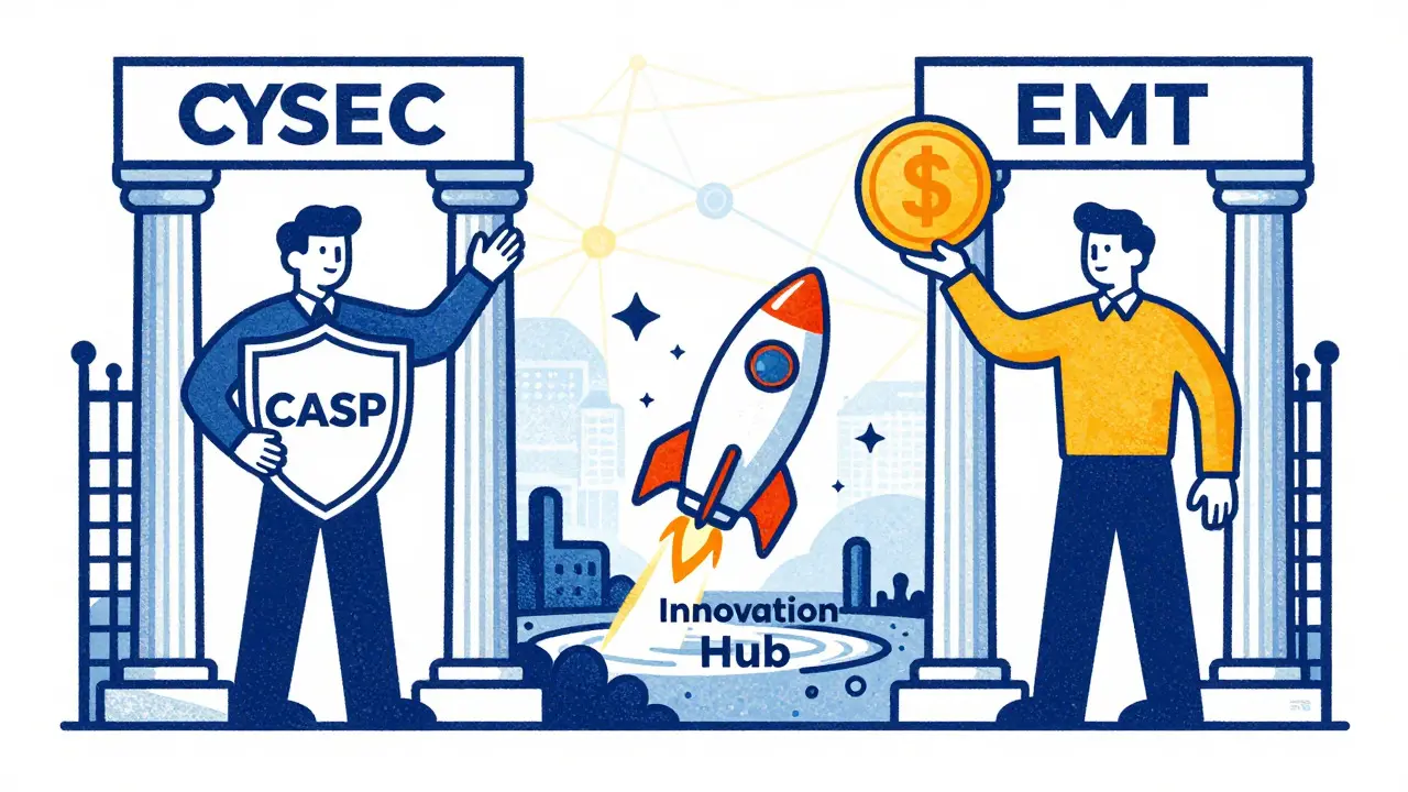 Stylized Risograph art showing CySEC and Central Bank roles with a startup in a regulatory sandbox.